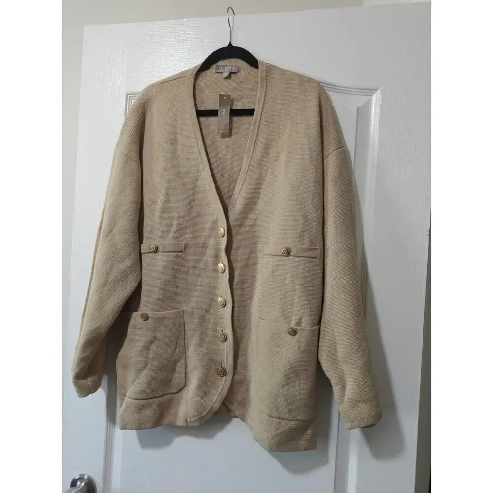 J. Crew Tan Cotton Long V-Neck XL Sweater Blazer Gold Buttons Oversize NWT Luxe